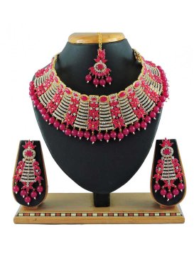 Arresting Rose Pink and White Beads Work Gold Rodium Polish Necklace Set