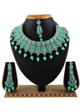 Arresting Silver Rodium Polish Beads Work Silver Color and Turquoise Necklace Set for Festival