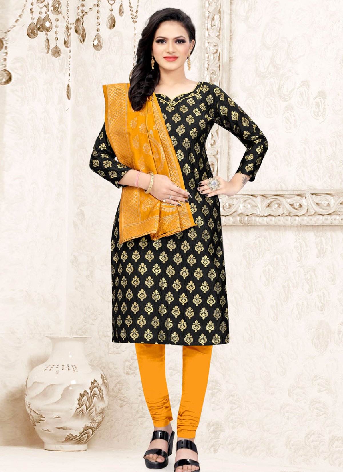 Buy Art Silk Black and Gold Woven Work Trendy Churidar Salwar Kameez Online