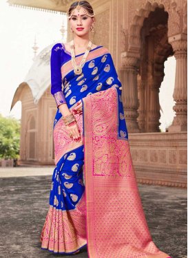 Art Silk Blue and Rose Pink Thread Work Classic Saree