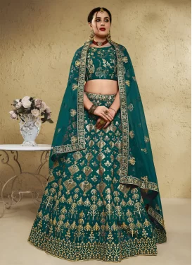 Art Silk Designer Lehenga Choli with Embroidered Work for Festival in Bottle Green
