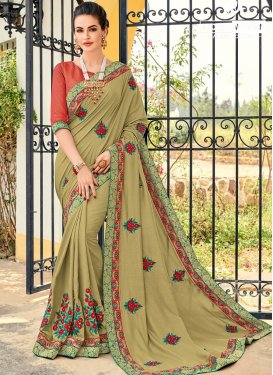 Art Silk Embroidered Olive Traditional Saree