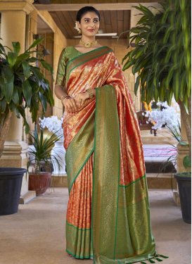 Art Silk Green and Orange Woven Work Traditional Designer Saree