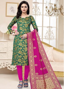 Art Silk Green and Rose Pink Woven Work Straight Salwar Kameez