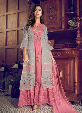 Art Silk Grey and Pink Jacket Style Floor Length Suit