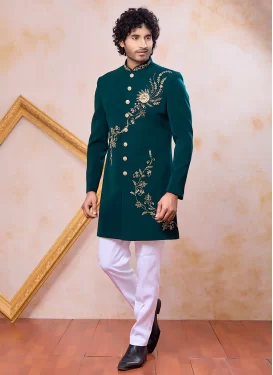 Art Silk Indo Western with Cutdana Work for Men in Teal and White