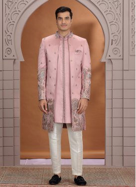 Art Silk Indo Western with Embroidered Work in Off White and Salmon