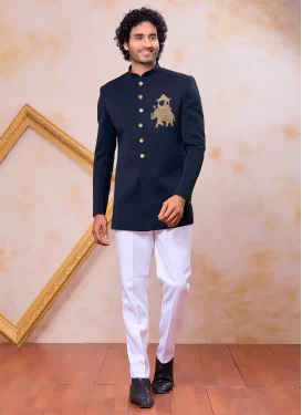 Art Silk Indo Western with Resham Work in Navy Blue and White