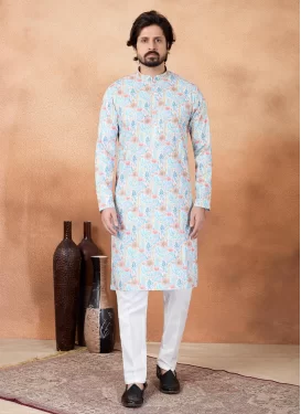 Art Silk Kurta Pajama in Firozi and Off White with Digital Print Work for Men