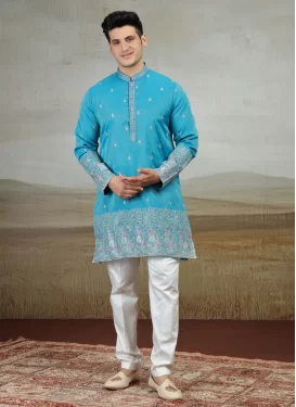 Art Silk Kurta Pajama in Light Blue and Off White with Embroidered Work for Ceremonial