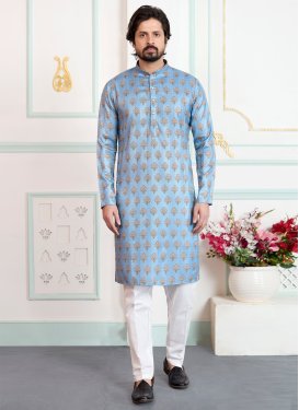 Art Silk Kurta Pajama in Light Blue and White with Digital Print Work for Festival