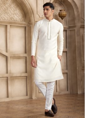 Art Silk Kurta Pajama in Off White with Embroidered Work for Men