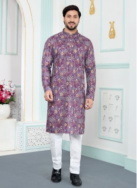 Art Silk Kurta Pajama in Purple and White with Digital Print Work for Men