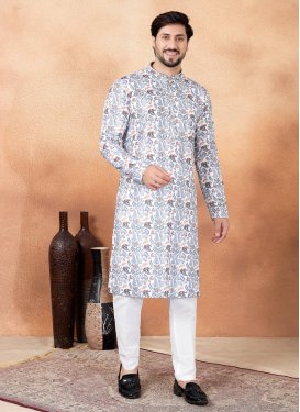 Art Silk Kurta Pajama in White with Digital Print Work for Ceremonial