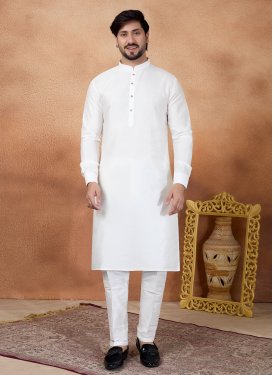Art Silk Kurta Pajama in White with Resham Work for Men