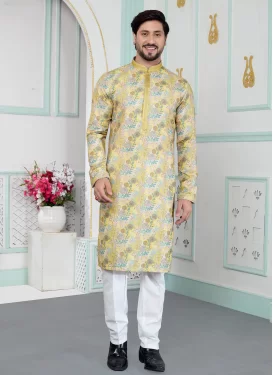 Art Silk Kurta Pajama in Yellow with Digital Print Work for Men