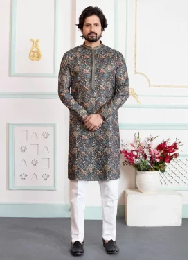 Art Silk Kurta Pajama with Digital Print Work in Black