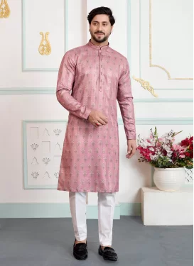 Art Silk Kurta Pajama with Digital Print Work in Salmon for Festival