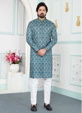 Art Silk Kurta Pajama with Digital Print Work in Teal and White