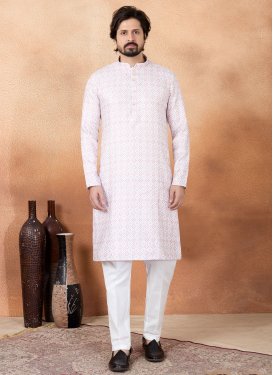 Art Silk Kurta Pajama with Digital Print Work in White