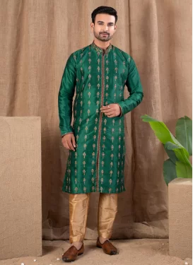 Art Silk Kurta Pajama with Embroidered Work in Green for Festival