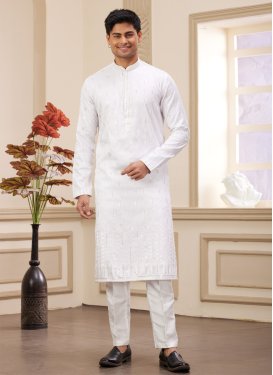 Art Silk Kurta Pajama with Embroidered Work in Off White