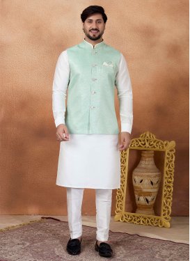 Art Silk Kurta Pajama With Jacket in Aqua Blue and White with Woven Work for Men