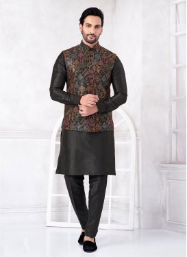 Art Silk Kurta Pajama With Jacket in Black with Embroidered Work for Festival