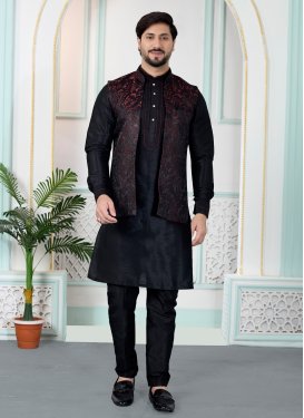 Art Silk Kurta Pajama With Jacket in Black with Woven Work for Festival