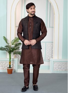 Art Silk Kurta Pajama With Jacket in Brown with Woven Work for Festival