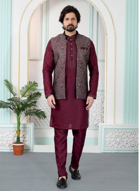 Art Silk Kurta Pajama With Jacket in Crimson with Woven Work for Festival