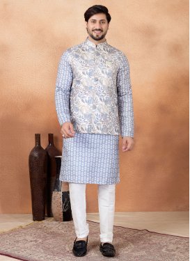 Art Silk Kurta Pajama With Jacket in Grey and Off White with Digital Print Work for Festival