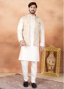 Art Silk Kurta Pajama With Jacket in Off White with Woven Work for Festival