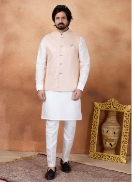 Art Silk Kurta Pajama With Jacket in Peach and White with Woven Work for Men