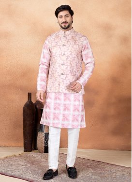 Art Silk Kurta Pajama With Jacket in Pink and White with Digital Print Work for Men