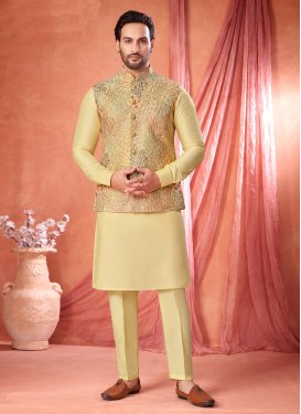 Art Silk Kurta Pajama With Jacket in Yellow with Embroidered Work for Festival