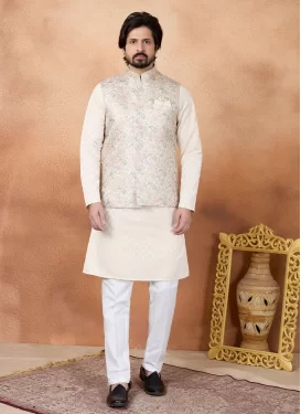 Art Silk Kurta Pajama With Jacket with Digital Print Work for Ceremonial in Beige and White