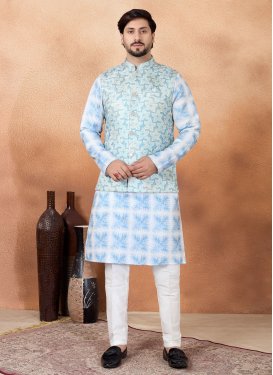 Art Silk Kurta Pajama With Jacket with Digital Print Work for Party in Light Blue and White
