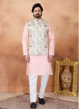 Art Silk Kurta Pajama With Jacket with Digital Print Work in Pink and White for Party