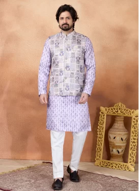 Art Silk Kurta Pajama With Jacket with Digital Print Work in Violet and White for Festival