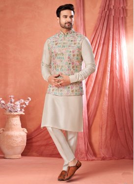 Art Silk Kurta Pajama With Jacket with Embroidered Work in Beige for Party
