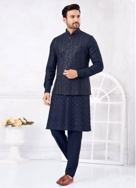 Art Silk Kurta Pajama With Jacket with Embroidered Work in Navy Blue