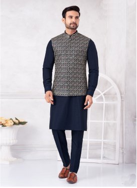 Art Silk Kurta Pajama With Jacket with Embroidered Work in Navy Blue for Festival
