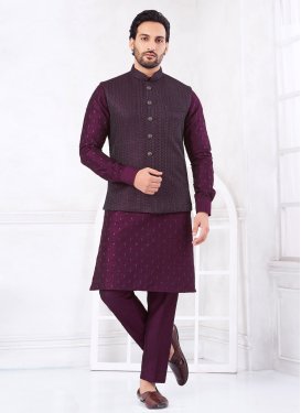 Art Silk Kurta Pajama With Jacket with Embroidered Work in Purple for Festival