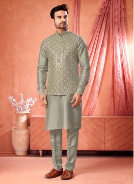 Art Silk Kurta Pajama With Jacket with Embroidered Work in Sea Green for Festival