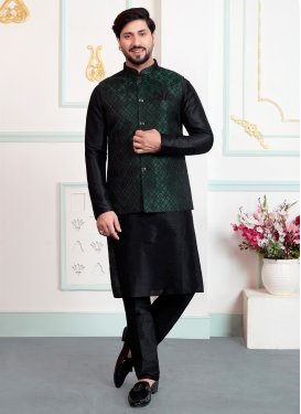 Art Silk Kurta Pajama With Jacket with Woven Work for Festival in Black