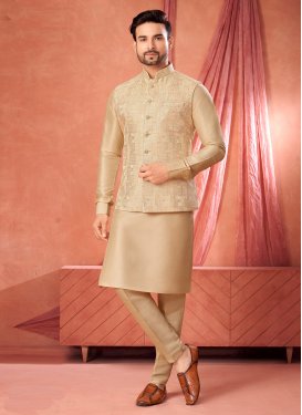 Art Silk Kurta Pajama With Jacket with Woven Work for Men in Cream