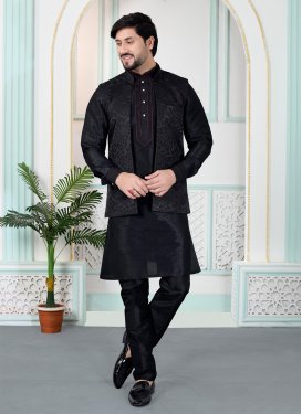 Art Silk Kurta Pajama With Jacket with Woven Work in Black