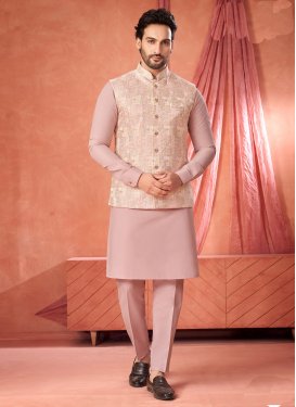 Art Silk Kurta Pajama With Jacket with Woven Work in Pink for Festival
