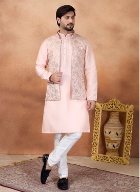 Art Silk Kurta Pajama With Jacket with Woven Work in Salmon